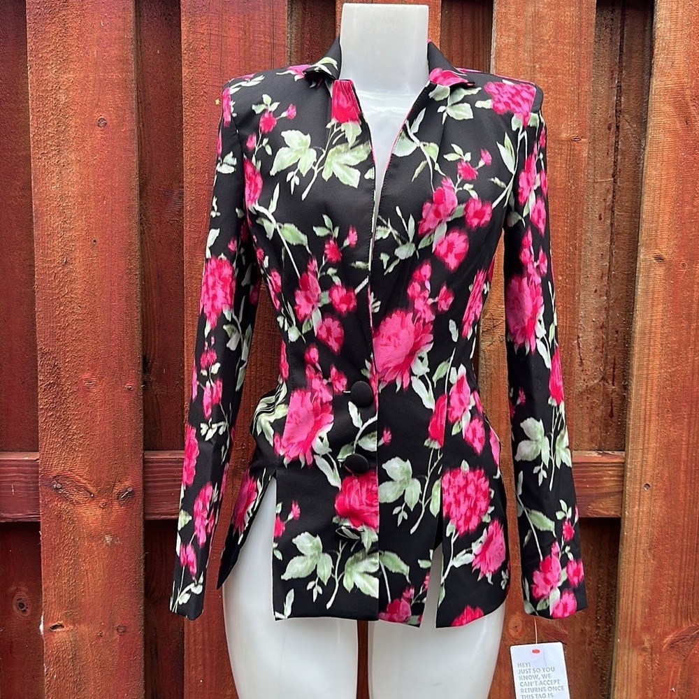 ASOS LUXE Black Pink Floral Structured Split Hem Suit Blazer Jacket 0